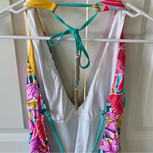 Trina Turk Terra Nostra Plunge Tropical Print Swimsuit Size 14 - Picture 10 of 15